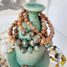 Load image into Gallery viewer, Wood and Triple Picasso Turquoise Bead Bracelet
