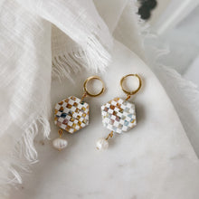 Load image into Gallery viewer, Pastel Checkered Clay and Pearl Hexagon Earring

