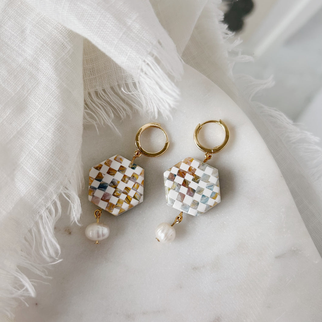 Pastel Checkered Clay and Pearl Hexagon Earring