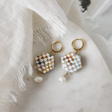 Load image into Gallery viewer, Pastel Checkered Clay and Pearl Hexagon Earring
