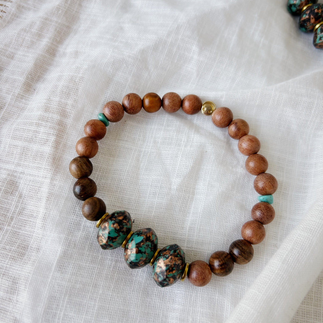 Wood and Triple Picasso Turquoise Bead Bracelet