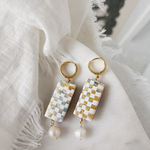 Load image into Gallery viewer, Pastel Checkered Clay and Pearl Rectangle Earring
