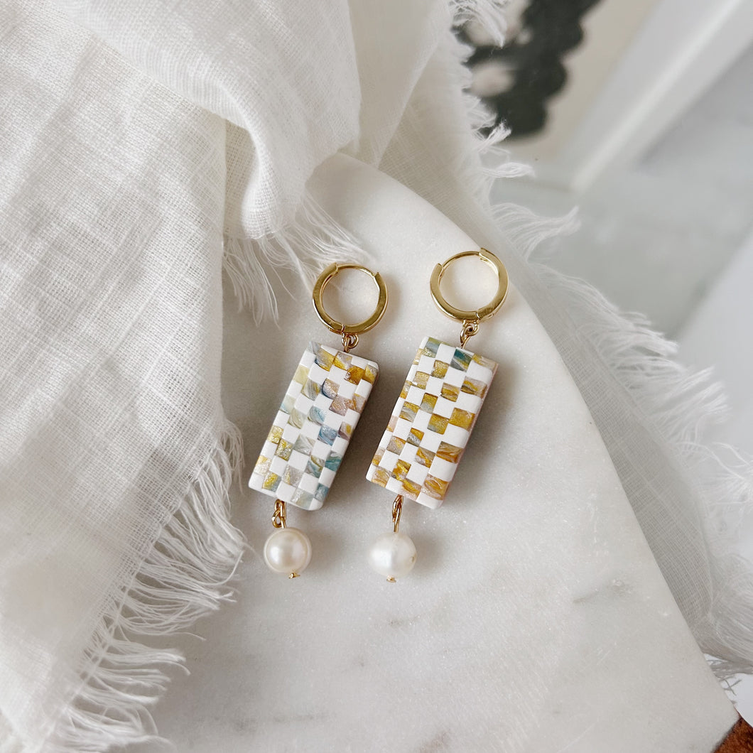 Pastel Checkered Clay and Pearl Rectangle Earring